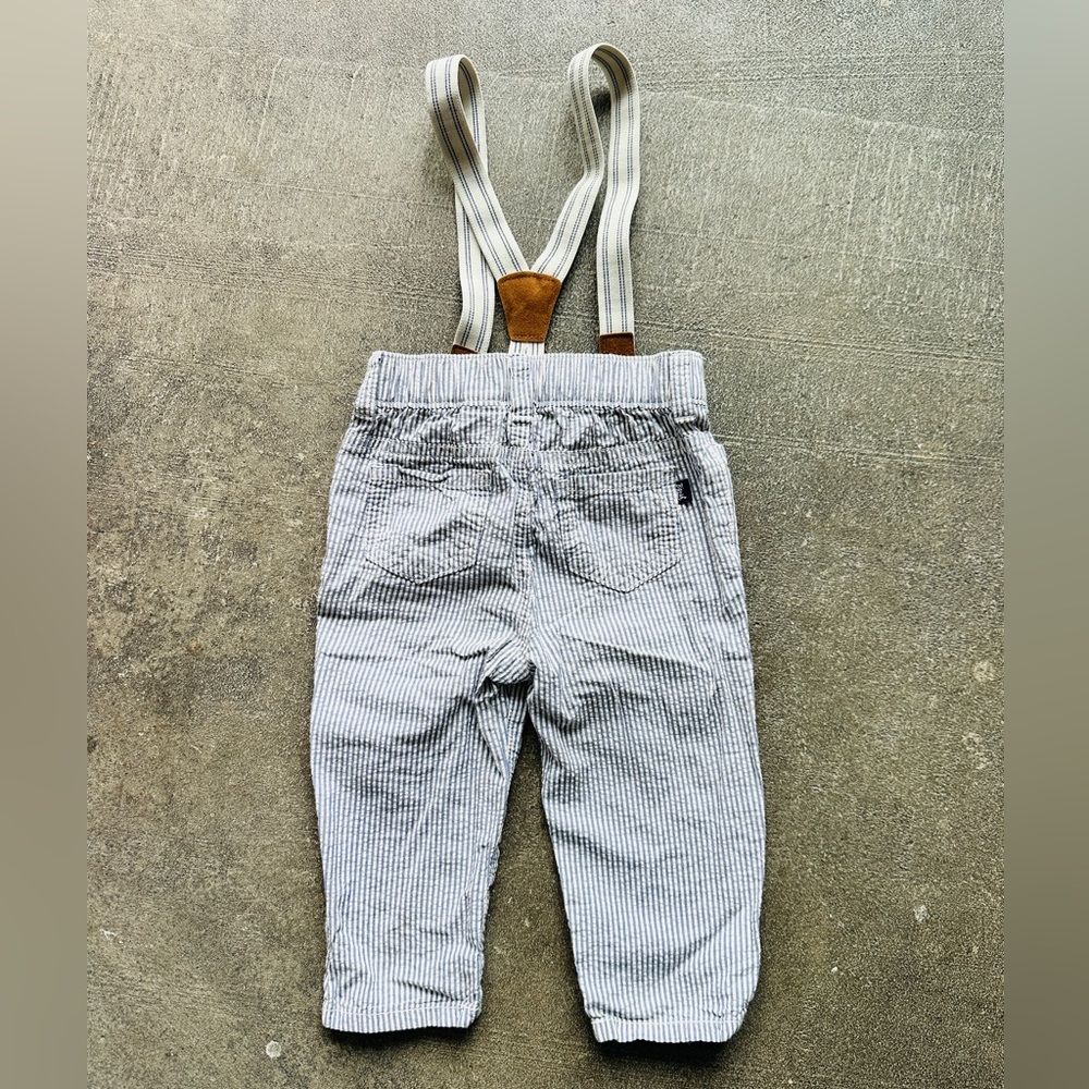 Blue & White Pinstripe Kids Overalls with Brown Faux-Leather Suspenders - Picture 4 of 5